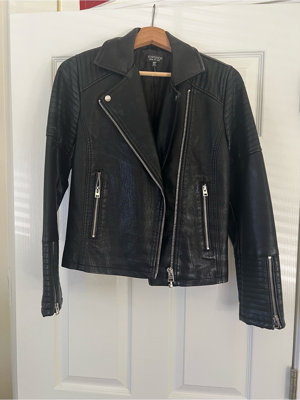 Topshop Black Faux Leather Quilted-Panel Moto Jacket